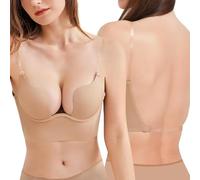 ZUKULIFE Sujetadores de espalda baja para mujer con tirantes transparentes, escote en V profundo, push up, corte bajo, convertible, para añadir copa, Desnudo/, 85C