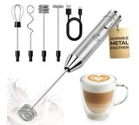 Zulay Kitchen Espumador de leche recargable de mano, varita espumadora, mezclador de bebidas, espumador eléctrico, para capuchinos, matcha y proteína en polvo, ultra metal 4, 1800 mAh, plateado