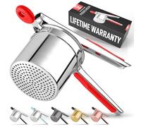 Zulay Kitchen Ricer de patata grande de acero inoxidable de 13 onzas, herramienta de cocina resistente con mango antideslizante, trituradora manual para puré de patatas y prensa de patatas (plata con mango rojo)