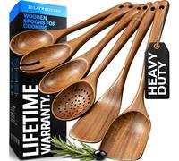 Zulay Kitchen Utensilios de madera de primera calidad para cocinar, juego de 6 piezas antiadherentes, suaves y cómodos, utensilios de cocina de madera de teca con acabado liso para cocinar
