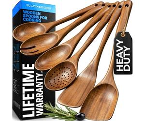 Zulay Kitchen Utensilios de madera de primera calidad para cocinar, juego de 6 piezas antiadherentes, suaves y cómodos, utensilios de cocina de madera de teca con acabado liso para cocinar