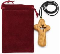 Zuluf Collar de cruz de madera de olivo, colgante de madera tallada a mano con corte de paloma del Espíritu Santo, adorno de cruz colgante de coche de Jerusalén, bolsa de terciopelo y tarjeta de
