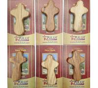 Zuluf CRS095 - Seis pequeñas cruces de madera de olivo de Israel | Diseño de mano, cómodo para agarrar, aferrarse con 6 certificados de Tierra Santa de 6 cm cada cruz
