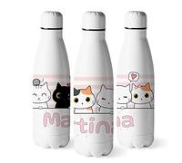 Zumo Digital Botella de Agua Personalizada Diseño Gatos Kawaii, Personaliza tu Nombre Divertido Gatitos, Libre BPA Acero Inoxidable de 500ml (Kawaii 2)