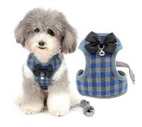 Zunea Juego de arnés y correa para perro pequeño sin tirones, ajustable, de malla suave, chaleco de esmoquin a cuadros con pajarita y campana de seguridad para cachorros, chihuahua, arneses de gatos a