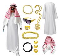 Zunetsutock Sheik White Abe - Macho árabe tradicional con velo | túnica blanca larga - Luz - Disfraz de verano para fiesta temática de carnaval, Halloween, festival oriental, accesorio divertido Erwa