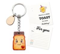 ZUNGHAND Llavero de regalo de feliz cumpleaños para mujer, bonito recuerdo de pan con tarjeta, aquí está un pequeño brindis por tu gran día, divertido regalo para mejor amiga, hermana, compañera de