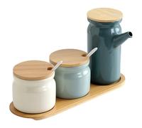 ZUNOXAZ Juego de Tarros para Condimentos de Cerámica 3 Piezas 2 Tarros para Especias 1 Aceite Tapas y Cucharas Recipientes para Cocina Almacenamiento de Especias y Aceite Doméstico