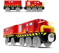 Zuoan Juego de tren a pilas para ferrocarriles de madera, potente tren de locomotora (conexión magnética) con faros delanteros y sonido recomendado a partir de 3 años, color rojo