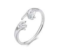 ZUOHUI Anillo Abierto Ajustable de Plata de Ley S925 for Mujer: Banda de Pareja con Manos sosteniendo, diseño artístico Inspirado en la creación de Adán, Regalo for Ella