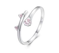 ZUOHUI Anillo Abierto de Plata de Ley S925 con Orejas y Patas de Esmalte Rosa, Banda apilable Ajustable for Mujer