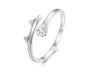 ZUOHUI Anillo Abierto de Plata de Ley S925 con Orejas y Patas de Esmalte Rosa, Banda apilable Ajustable for Mujer