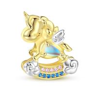 ZUOHUI Dije de caballito balancín con forma de unicornio, de plata de ley S925 chapado en oro de 14 quilates con piedra lunar, para pulseras Pandora de mujer; para crear joyas DIY