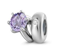 ZUOHUI Dijes de anillo solitario con piedra de nacimiento redonda de plata esterlina S925 for mujer, ideales for pulseras y collares Pandora, Biagi o Chamilia.(June: light purple)