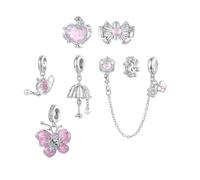 ZUOHUI Dijes de plata de ley S925 for joyería de bricolaje: mariposa rosa primaveral, lazo, cuentas de tetera, regalos románticos for ella, compatible con pulseras europeas Pandora(7pcs)