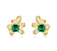 ZUOHUI Orecchini a bottone con nastro geometrico retrò in argento sterling S925 placcato in oro da donna con smeraldo coltivato in laboratorio, ipoallergenici per viaggi in ufficio