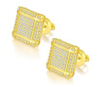 ZUOHUI Pendientes de plata de ley S925 con moissanita y rejilla cuadrada | Aros trepadores con cierre de rosca for hip-hop y uso diario | Joyería unisex de vanguardia(Gold)