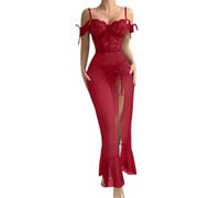 ZUOYIMEI Women's Pajamas Lace Perspective Erotic Lingerie Spaghetti Strap Sexy Clothing C-Wine Red S