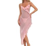 ZUOYIMEI Women's Pajamas Spaghetti Strap Perspective Sexy Clothing Long Erotic Lingerie C-Pink XXL