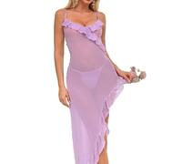ZUOYIMEI Women's Pajamas Spaghetti Strap Perspective Sexy Clothing Long Erotic Lingerie E-Purple XXL