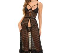 ZUOYIMEI Women's Pajamas Spaghetti Strap Perspective Sexy Clothing Long Erotic Lingerie F-Black S