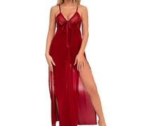 ZUOYIMEI Women's Pajamas Spaghetti Strap Sexy Clothing Lace Perspective Erotic Lingerie E-Wine Red XXL
