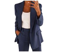 Zuoyue Blazers Mujer Elegante Y Elegante Con Bolsillos Frente Abrir Chaqueta Casual Cuello A Solapa Oficina Color Sólido Abrigo Mujeres Slim Fit Clásico Grandes Tallas Chaqueta, azul marino, L