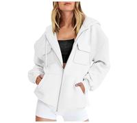 Zuoyue - Sudadera con capucha para mujer, con cremallera, forro polar de gran tamaño, con cremallera, para uso versátil, interior, exterior, fin de semana y salidas, blanco, M
