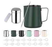 Zuquik 350ml Jarra Leche Barista Acero Inoxidable,con Medición Mark 12 oz, Jarra de Espuma de Leche con Dispensador de Cacao, 16 Plantillas y Bolígrafo para Capuchino y Espresso,Verde Oscuro