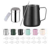 Zuquik Jarra de leche de acero inoxidable, 350 ml, con medición Mark 12 oz, jarra de espuma de leche con dispensador de cacao, 16 plantillas y bolígrafo para capuchino y espresso, Nior