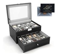 ZUSUZU Caja de Relojes,Caja para de Relojes con Dos Capas,Estuche Relojero Organizador,con tapa de cristal,funda de PU en negro, regalo para un amigo, Día del Padre