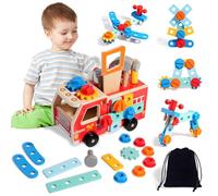 ZUSUZU Caja Herramientas Juguetes Niños,Camión de Bomberos de Madera,Caja Herramientas de Madera,Juguete Montessori a Partir,Juegos Educativos Cajas,Regalos Niños Niñas 2 3 4 5 Años