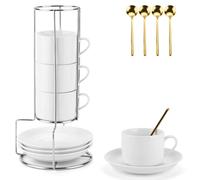 ZUSUZU Juego de 4 Tazas de Cafe, 4 x 5oz(160ml) Tazas de Espresso con Platillo y Soporte Metálico, Ideal para Espresso, Capuchino, Latte, Moka y Té(con 4 Cuchara de Café)