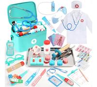 ZUSUZU Maletin Medicos Juguete,Kit Medico Infantil con Real Estetoscopio,Caja de Almacenamiento Médico,Termómetro,Disfraz Medico y Jeringa,Kit Dentista y Doctora Juguete para Niños 3-8 Años - Verde