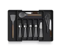 Zuvo Organizador grande de cubiertos de plástico expandible, bandeja negra para utensilios de cocina, perfecto para cajones grandes