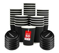 Zuvo Paquete de 50 tazas de café para llevar con tapas, desechables, aisladas, de triple pared, papel kraft ondulado, para café, té o líquidos calientes, paquete de 50 (8 onzas), color negro