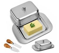 Zuxbolf Mantequillera con Tapa de Acero Inoxidable y 1 Cuchillo para Untar y 1 Tenedor Bandeja para Mantequilla Rectangular de 250 Gramos Recipiente para Guardar Mantequilla en Mesa Nevera