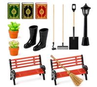 ZVORBH 13 PCS Herramientas de Jardinería en Miniatura, Mini Herramientas de Jardinería, Farola de Parque, Banco de Parque y un Par de Mi-ni Botas de Lluvia etc, Adecuado para Decorar Mi-ni Jardín.