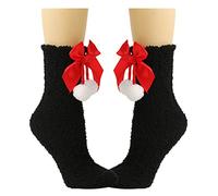 ZwaitL Calcetines peludos de Navidad para mujer, cálidos, lindos lazos, para interiores, para dormir, para el hogar, invierno, para mujer, bola de pelo negra y roja, Talla única
