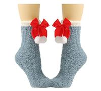 ZwaitL Calcetines peludos de Navidad para mujer, cálidos, lindos lazos, para interiores, para dormir, para el hogar, invierno, para mujer, azul, rojo (blue red furball), Talla única