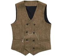ZWCSHUU Chaleco Hombre Vestir Chalecos de traje for hombre Tweed lana en espiga con doble botonadura for chaleco boda(Brown,3XL)