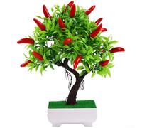 ZWEquipint Árbol bonsái de frutas artificiales, 23 plantas falsas realistas con granada naranja melocotón, flores de imitación de plástico para decoración del hogar, oficina, jardín, 18 x 26 cm (ají)
