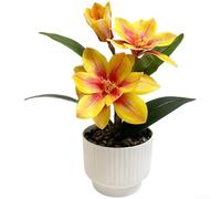 ZWEquipint Bonsái de orquídea artificial con maceta a rayas blancas para decoración de café de boda casera 22 cm (amarillo)