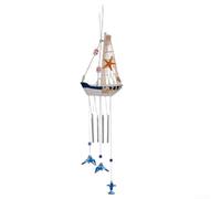 ZWEquipint Carillón de viento mediterráneo de velero, modelo de barco colgante de madera para decoración costera del hogar, arte de pared para ventana de porche, jardín, adorno temático del mar azul y