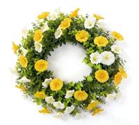 ZWEquipint Lively - Corona artificial de gloria matutina para puerta delantera, decoración al aire libre, flores de seda amarilla, 14.33 pulgadas, resistente a la intemperie para colgar en la pared
