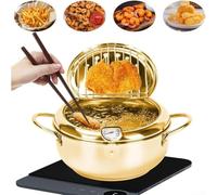 ZWEquipint Olla de acero inoxidable con termómetro y estante de goteo de aceite, sartén Tempura para cocinar en la cocina, tapa segura, 20 cm (chapado en oro, 20 cm)