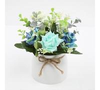 ZWEquipint Planta artificial en maceta con rosa de seda, eucalipto y flores de camelia, vegetación falsa de 18 cm en maceta blanca para el hogar, oficina, escritorio, estante, decoración nórdica (B)