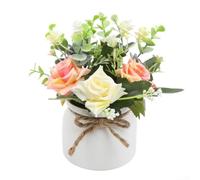 ZWEquipint Planta artificial en maceta con rosa de seda, eucalipto y flores de camelia, vegetación falsa de 18 cm en maceta blanca para el hogar, oficina, escritorio, estante, decoración nórdica (E)