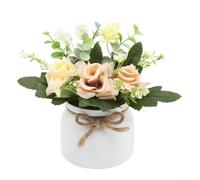 ZWEquipint Planta artificial en maceta con rosa de seda, eucalipto y flores de camelia, vegetación falsa de 18 cm en maceta blanca para el hogar, oficina, escritorio, estante, decoración nórdica (D)