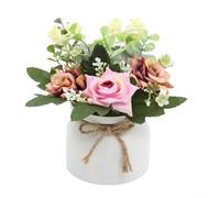 ZWEquipint Planta artificial en maceta con rosa de seda, eucalipto y flores de camelia, vegetación falsa de 18 cm en maceta blanca para el hogar, oficina, escritorio, estante, decoración nórdica (F)